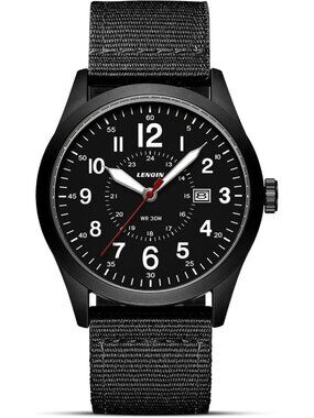 LN LENQIN Men's Black Classic Military Analog Quartz Waterproof Nylon Band Watch
